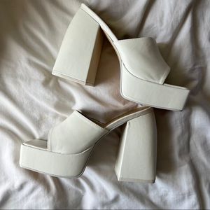 Ego shoes square peep toe statement platform heel mule in white faux leather